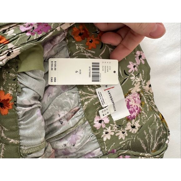 NWT By Anthropologie Wide-Leg Pants Floral Print Olive Green Size 6 - Picture 7 of 9